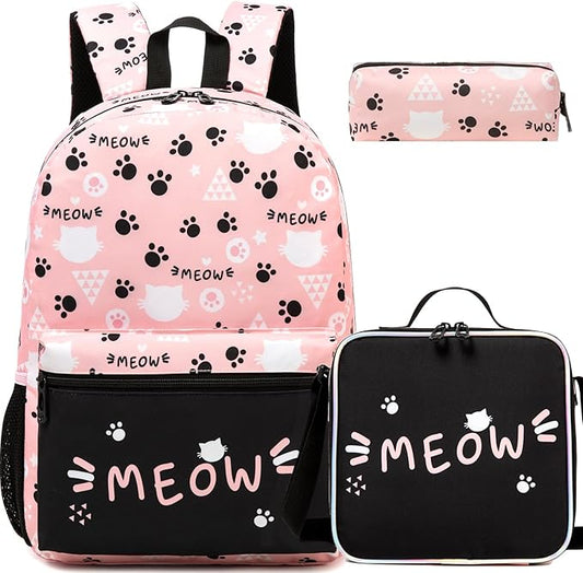 Backpack for School Kids Backpacks for Girls Bookbag Set Backpacks for Teen Girls with Lunch Box Pink Cat Preppy Backpack for School