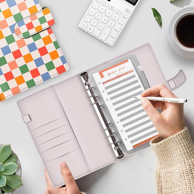 Budget Binder, Cute A6 Money Saving Binder with Zipper Envelopes, PU Leather Money Organizer for Cash, Expense Budget Sheets and Cash Envelopes for Budgeting Cute Colorful Plaid
