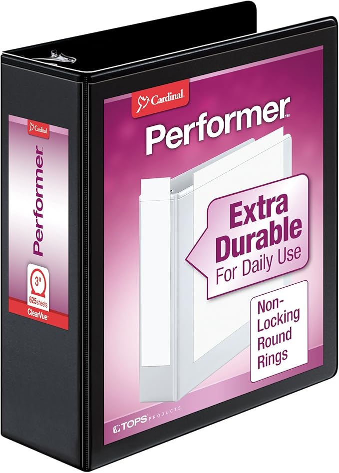 Cardinal 3 Ring Binder, Binders for School and Office, Durable 3 Inch Performer ClearVue Binder, Round Rings, 625-Sheet Capacity, Customizable ClearVue Covers, PVC-Free, Black (67525)