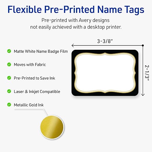 Avery Printable Adhesive Name Badges, 2-1/3" x 3-3/8", Pre-Printed Black Border with Metallic Gold Flourish Design, Matte White, Laser & Inkjet Compatible, 80 Total