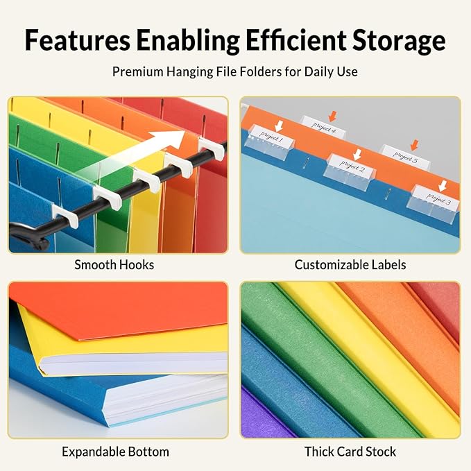 SUNEE Hanging File Folders, 6 Pack Letter Size Hanging File Folders with 1/5-Cut Tabs, Ideal for Home and Office Organization and Papers Classification,Assorted Colors
