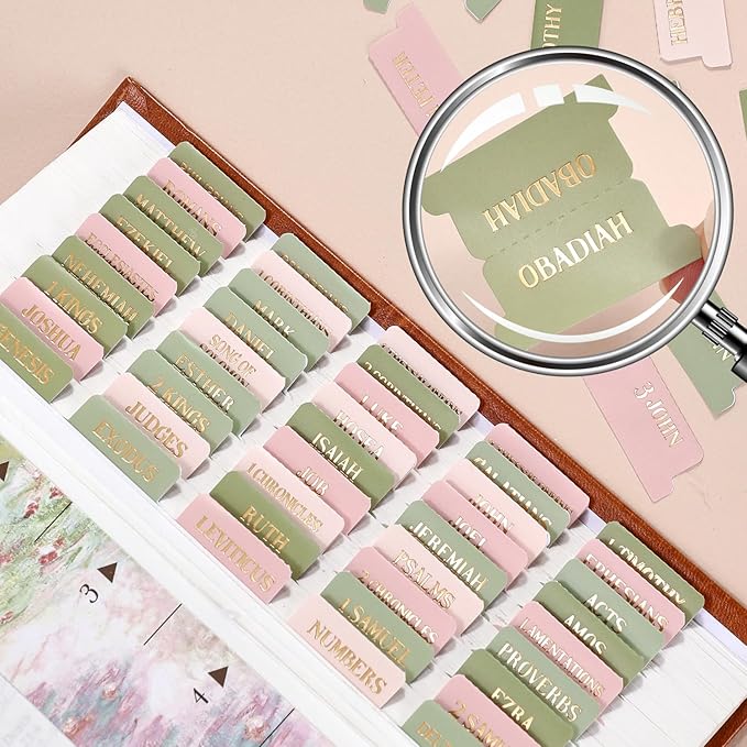 Bible Tabs, 66 Gold Foil Pre-Printed Chapter Labels + 39 Blank Water Lilies Theme Laminated Index Tabs with Alignment Ruler, Bible Journaling Study Supplies for Women & Men, Bible Sticker Accessories