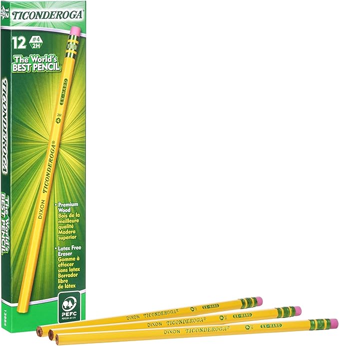 Ticonderoga Wood-Cased Pencils, Unsharpened, #4 2H Extra Hard, Yellow, 12 Count