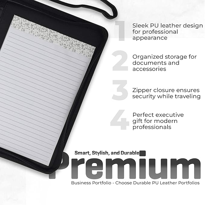 Customized Junior Zippered Leather Padfolio - Name/Logo Printed on Black PU Leather Portfolio Binder & Organizer Folder with 8 Inch Tablet Sleeve & with Junior Legal Notepad