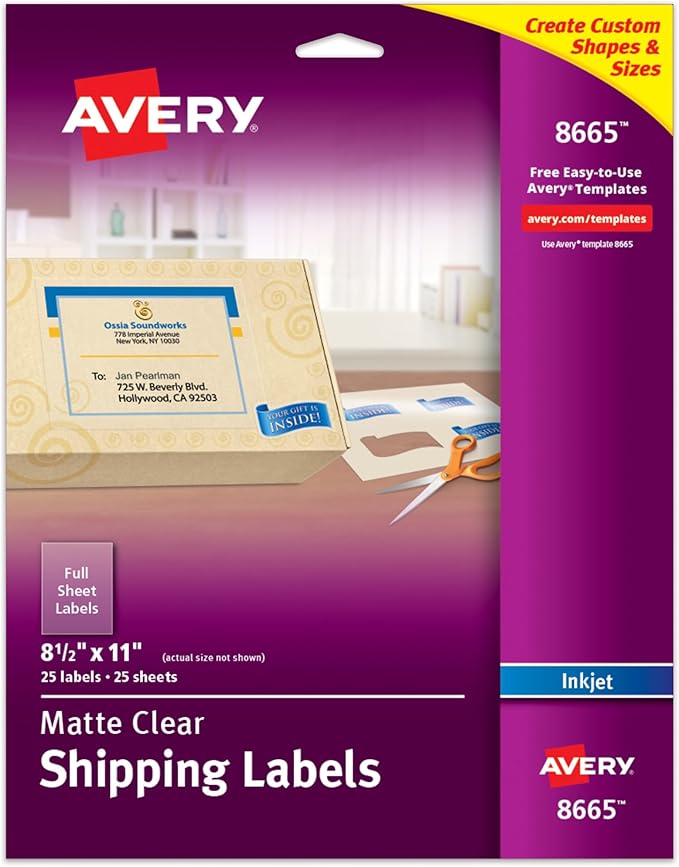 Avery Full Sheet Printable Shipping Labels, 8.5" x 11", Matte Clear, Inkjet, Create Custom Labels Using Scissors or Electronic Cutting Machines, 25 Total (8665)