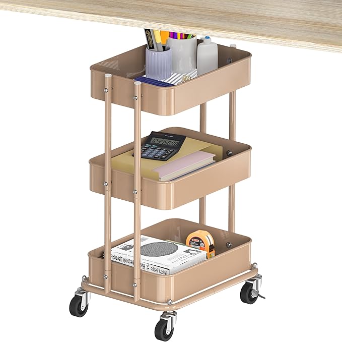 Simple Houseware 3-Tier Compact Utility Rolling Cart, Low 24” Height Fits Under Desk, Space-Saving Storage for Home Office, Dining Room, or Kitchen, Khaki