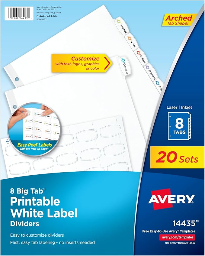 Avery Big Tab Printable White Label Dividers for 3 Ring Binders, 8 Tabs per Set, White, Great for Office Supplies, School Supplies, Organizing, and More (20 Sets of 14435)