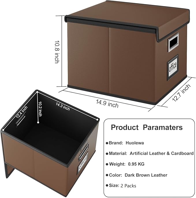 Huolewa File Organizer Boxes with Lids, Collapsible Faux Leather Hanging File Folder Box Organizer with Plastic Slide, Decorative Home/Office Filing System Boxes for File and Folders Storage