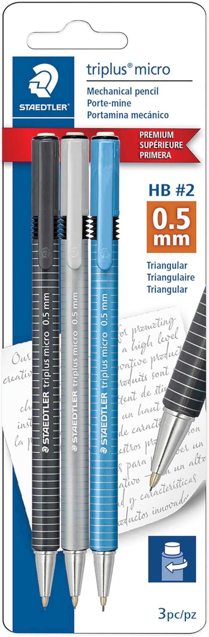 STAEDTLER Triplus Micro Mechanical Pencils (#2) 0.5mm lead, Retractable with Twist Eraser, Ergonomic Triangular Grip for Writing, Drawing & Drafting, 3-Pack
