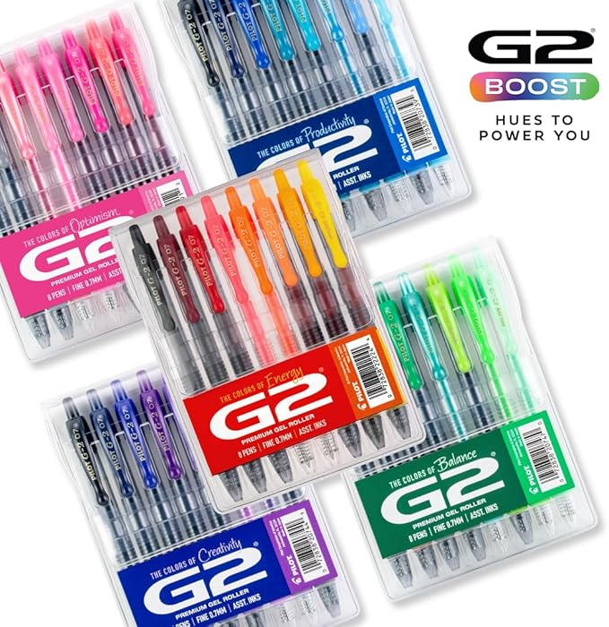 Pilot G2 Premium Gel Roller Pens, Fine Point Gel Pens, Boost Green Pack, The Colors of Balance, 8-Pack Pouch, 0.7 mm, Assorted - Ideal for School, Journaling, & Office Writing