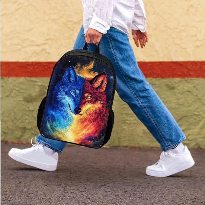 CLOHOMIN Fire Wolf Kids Bookbag with Lunch Box 6th Grade Cool Backpack and Lunch Bag Set for Boys Girls 12-14 Years Old Elementary School Schoolbags Set with Lunch Tote Pencil Case, 3 in 1