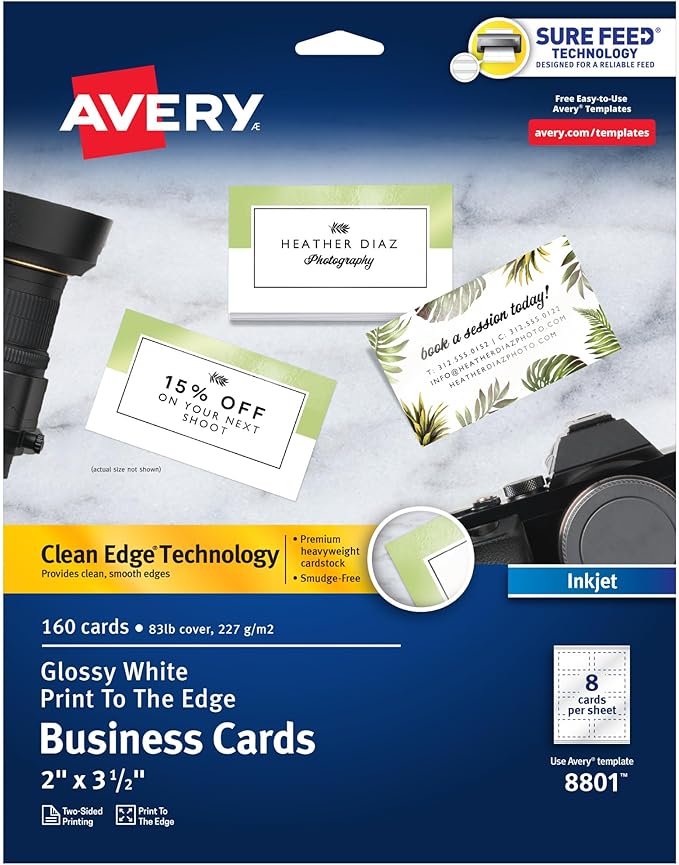 Avery Glossy Business Cards with Sure Feed Technology, 2" x 3.5", Glossy White, 160 Total, Clean Edge, Print-to-the-Edge, Inkjet Printable Cards (8801)