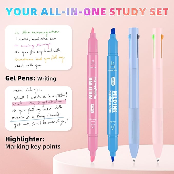 Dual Tip Aesthetic Highlighters 16 Colors and 2 Pcs 3 in 1 Multicolor Gel Pens 6 Colors Ink, Chisel & Fine Tips, No Bleed, Cute Bible Highlighters Assorted Colors for Journaling Textbook