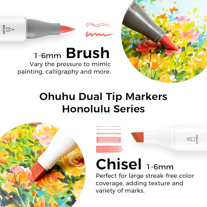 Ohuhu Alcohol Brush Markers 48 Mid-tone Colors - AP Certificated Double Tipped Alcohol Based Art Marker Set for Artist Adults Coloring Illustration - Honolulu Brush & Chisel Dual Tips - Refillable