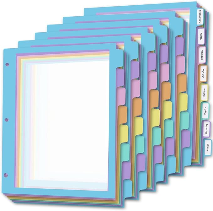 48Pcs/6 Set 8 Tab Dividers, Clear Plastic Binder Dividers with Tabs, for 3 Ring Binder, Letter Size, Multicolor