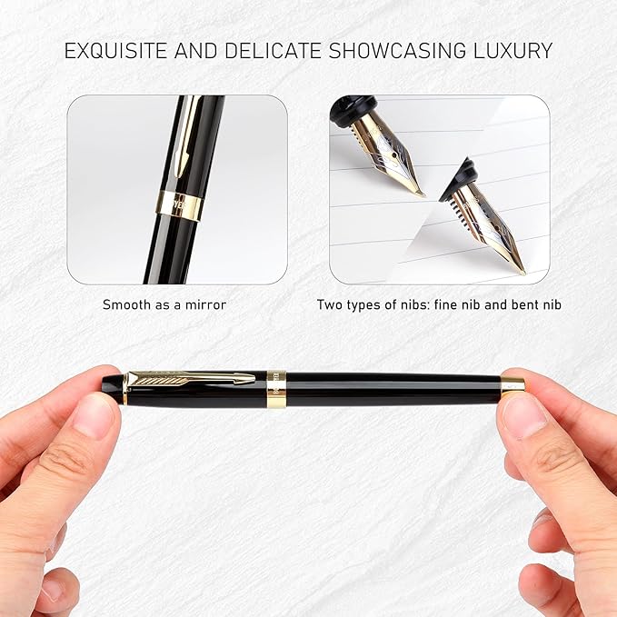Fountain Pen with Fine Nib & Black Ink, Refillable & Elegant Bent Nib Design, Calligraphy Pens for Writing, Best Fountain Pen for Smooth & Fancy Writing (Black)