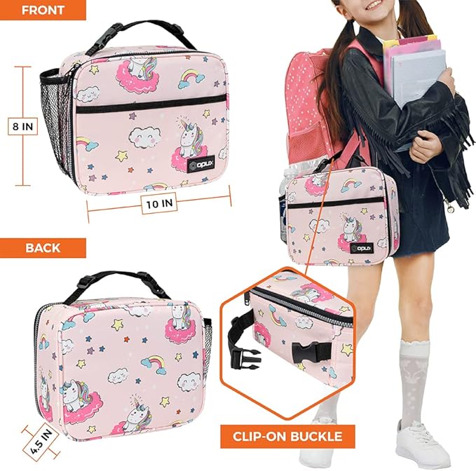 opux Insulated Lunch Bag Kids, Lunch Box for School Boy Girl, Leakproof Small Reusable Compact Soft Mini Cooler Bag, Toddler Small Lunch Boxes Kit Pail with Front Side Pockets (Pink Unicorn)