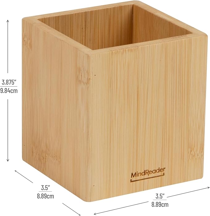 Mind Reader Pen Cup, Accessory Holder, Desktop Organization, Office, Bamboo, 3.5"L x 3.5"W x 3.875"H, Brown