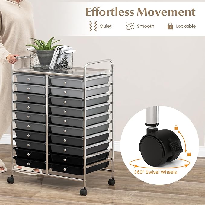 COSTWAY 20-Drawer Rolling Storage Cart, Utility Storage Organizer Cart for Tools, Scrapbook, Paper, Craft, Multipurpose Storage Trolley on Wheels for Home Office School, Mixed Black