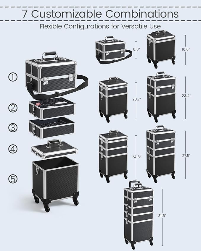 Yaheetech Professional Makeup Train Case 5 in 1 Cosmetology Case on Wheels Aluminum Beauty Travel Case Rolling Cosmetic Organizers & Storage Black