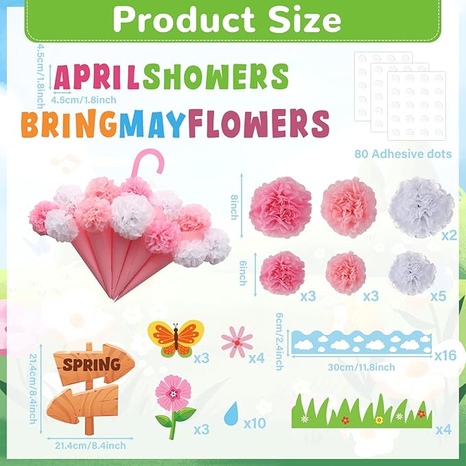 April Showers Bring May Flowers Bulletin Board with 3D Tissue Paper Pompoms Summer Floral Classroom Decoration Umbrella Clouds Flower Cutouts for Window Home Class School Nursery Supplies