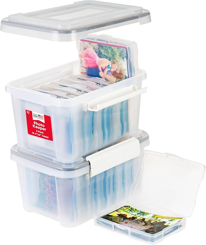 IRIS USA WeatherPro Photo Storage Case with 7 Inner 4" x 6" Picture Cases, 2-Pack, Weathertight Organization Container for Pictures Scrapbooking Stationery Journaling Ephemera Art Supplies, Clear