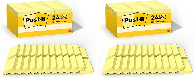 Post-it Notes, 1/3/8 x 1 7/8 in, 24 Sticky Notes Pads, 100 Sheets per Pad, Canary Yellow, The Original Post-it Note, New Year Organization or Second Semester School Supplies (Pack of 2)