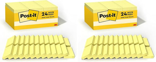 Post-it Notes, 1/3/8 x 1 7/8 in, 24 Sticky Notes Pads, 100 Sheets per Pad, Canary Yellow, The Original Post-it Note, New Year Organization or Second Semester School Supplies (Pack of 2)