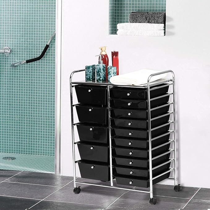 COSTWAY 15 Drawer Rolling Storage Cart, Mobile Utility Cart with Lockable Wheels, Drawers, Multipurpose Organizer Cart for Home, Office, School, Black