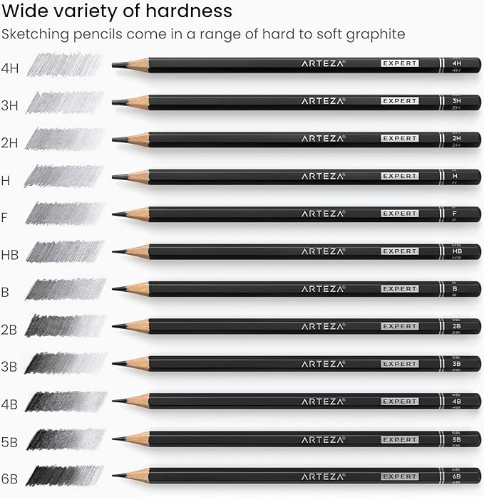 ARTEZA Drawing Sketch Pencils, Set of 12, Medium Hardness (6B - 4H), Graphite Pencils for Sketching and Drawing