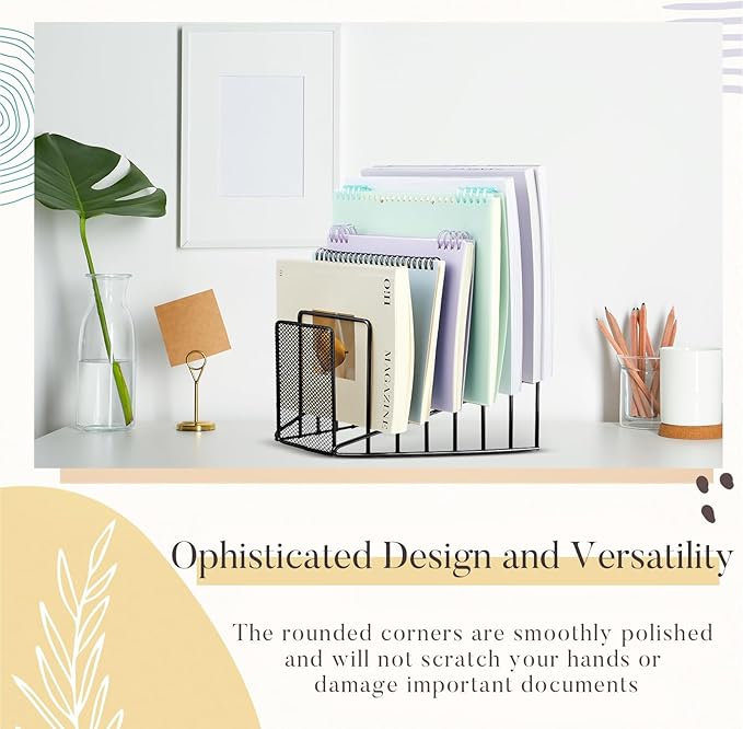 4 Pcs 7 Section Wire File Organizer for Desk, Metal Mesh Incline File Holder, Letter & Magazine Folder Rack, Desktop Paper Sorter for Home Office School (Black)