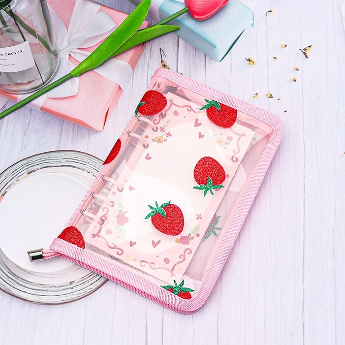 AxeWoodz Pink A6 Zipper Binder Clear Refillable Notebook Shell Cute Strawberry Lace Cover 6 Ring PVC Binder Cover for Photocard Planner Journal Photo Album