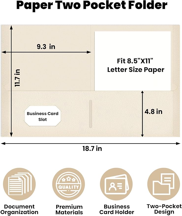 SUNEE Folders with Pockets (25 Pack, Warm Beige), 2 Pocket Folders Fit Letter Size, Paper File Folder for School Office Home Business, Textured Paper