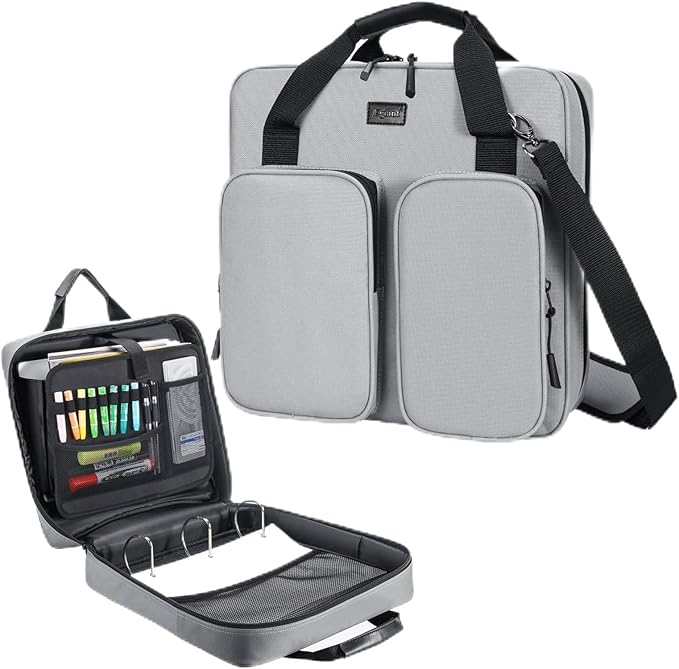 4 Inch 3 Ring Zipper Binder with Shoulder Strap & Handle & Multi-Pocket - 4" Binder with Zipper for School, Compatible with 13-Inch MacBook/Tablet -Patent Design Grey