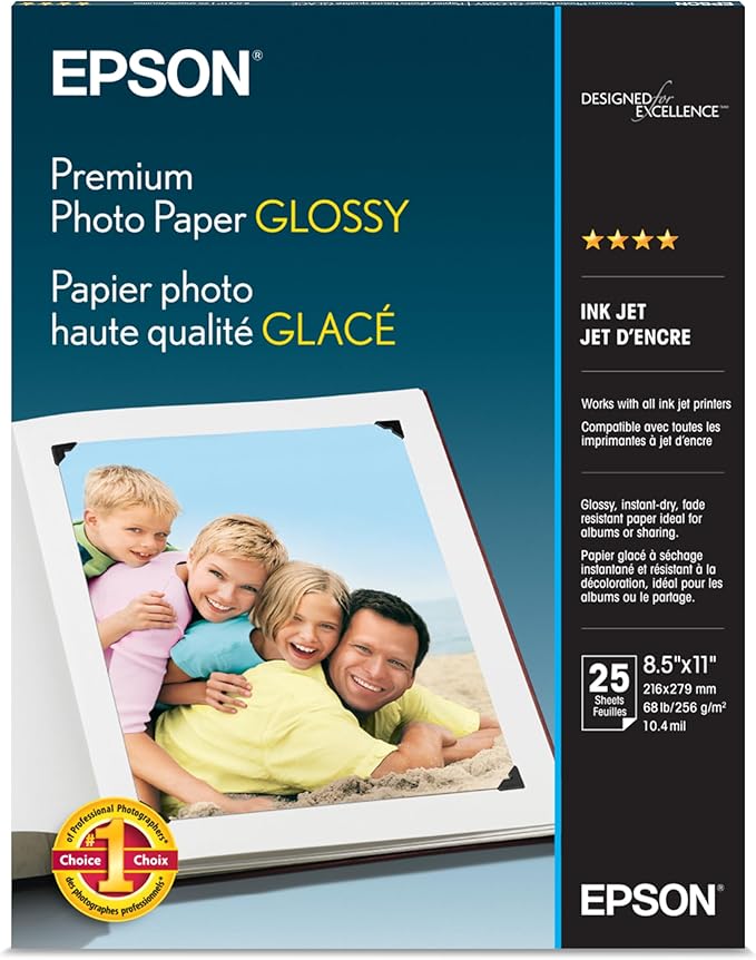 Epson Premium Photo Paper GLOSSY (8.5x11 Inches, 25 Sheets) (S042183),White