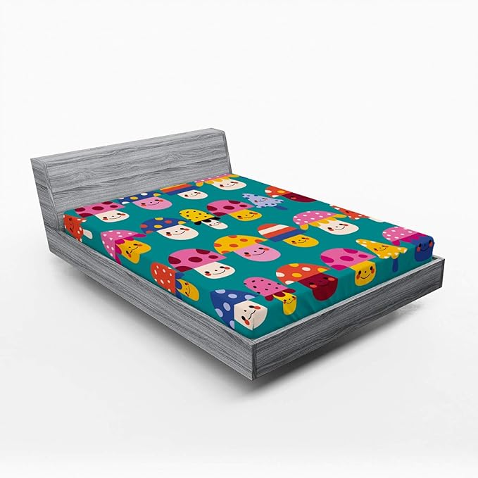 Ambesonne Mushroom Fitted Sheet, Smiling Funky and Shapes with Polka Dots and Stripes, Bed Cover with All-Round Elastic Deep Pocket for Comfort, Full Size, Dark Seafoam Multicolor