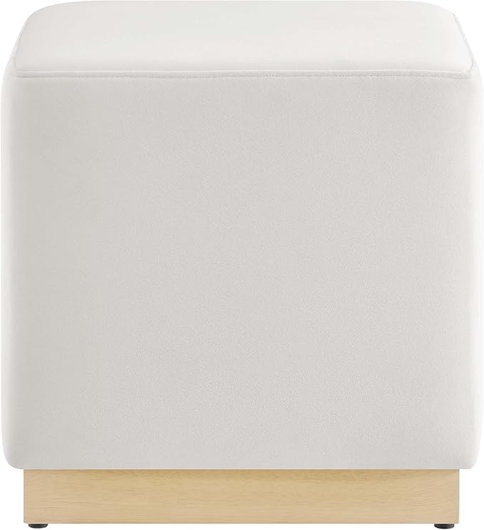 Modway Tilden 17 Inch Square Performance Velvet Upholstered Ottoman in Alabaster Natural - Small Ottoman Foot Rest with Rubberwood Plinth Base - Living Room Ottoman Side Table,