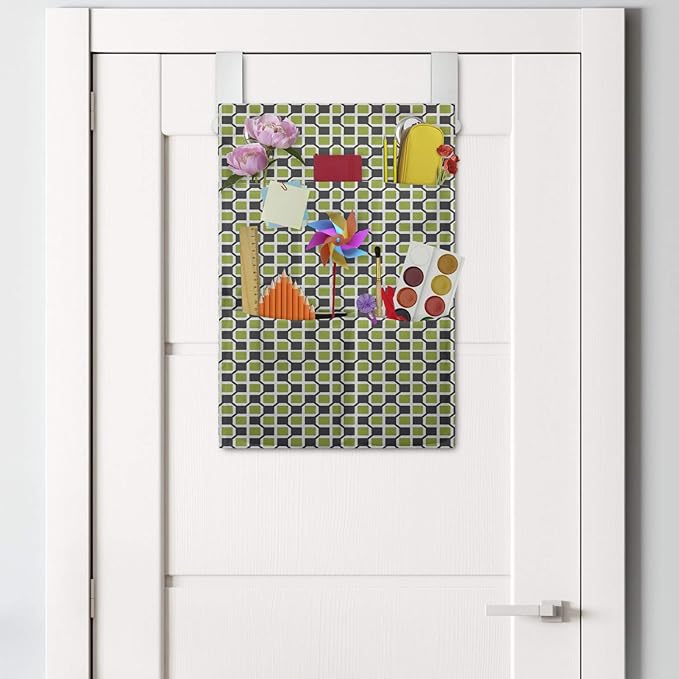 Ambesonne Abstract Hanging Pocket Organizer, Pattern of Symmetric Mini Rectangles Connected with Streaks, Printed Polyester Storage Bag with Pockets, 14" x 20", Lime Green Taupe Grey