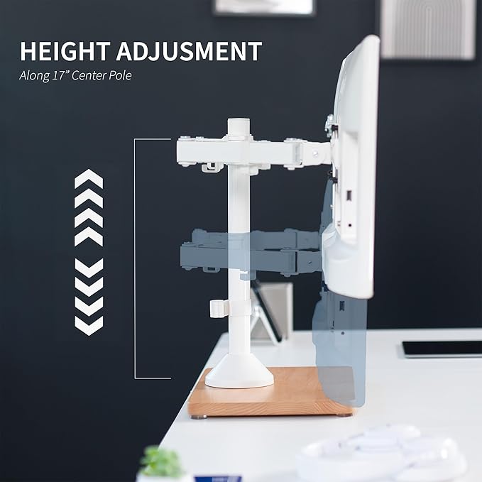 VIVO Freestanding Dual Monitor Stand with Solid Wood Base and Adjustable Arms, Mounts 2 Screens up to 32 inch and 22 lbs Each, White, STAND-V002FD-W