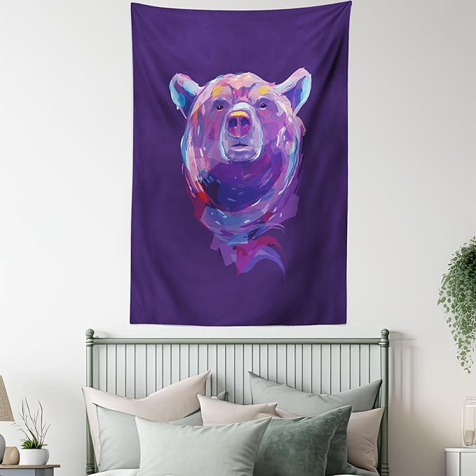 Ambesonne Bear Tapestry, Abstract Portrait with Digital Brushstrokes Wildlife Mascot Display, Wall Hanging for Bedroom Living Room Dorm Decor, 40" X 60", Purple Pink Sky Blue