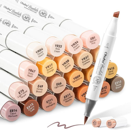 Ohuhu Skin Tone Alcohol Markers Brush Tip - 24 Portrait Skin Color Markers for Artist Adults Coloring Illustration - Chisel and Brush Dual Tips - Honolulu - Refillable - AP Certificated