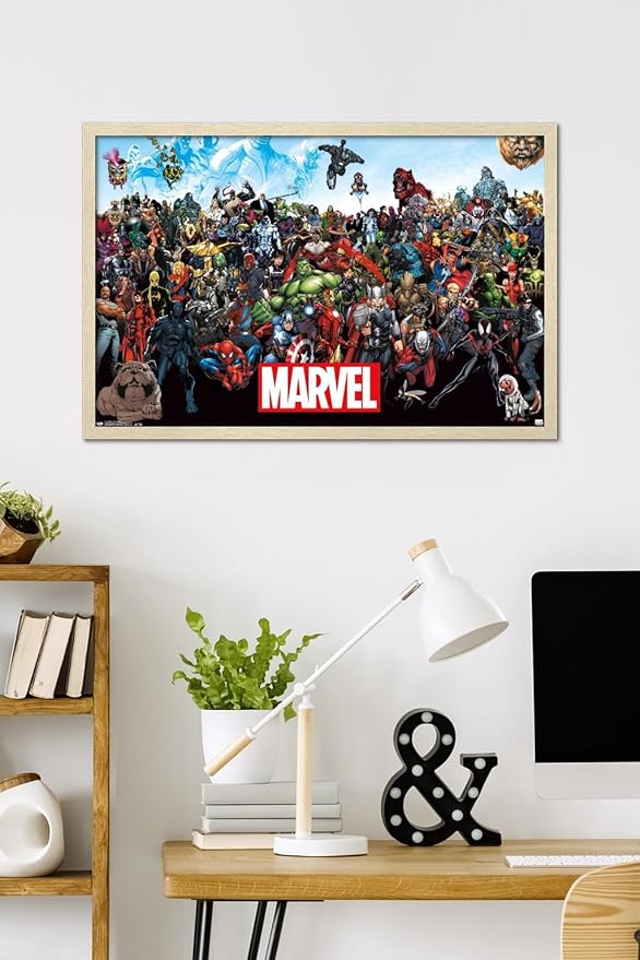 Marvel Comics The Marvel Lineup Wall Poster, 34L" x 22.4W", Blonde Framed Version