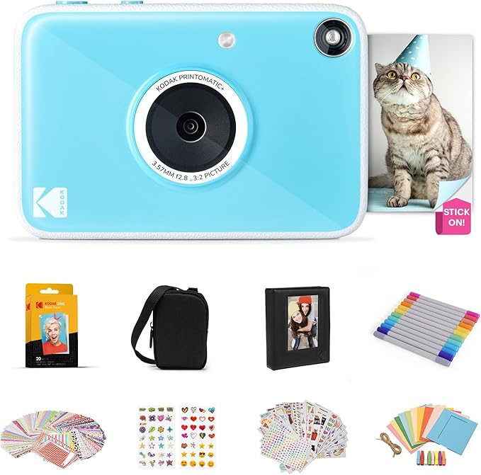 Kodak Printomatic+ Full Color Instant Print Digital Camera Gift Bundle + Case + Zink 2x3 Sticky Back Photo Paper 20pk + Album + Sticker Sets + Sticker Frames + Hanging Frames + Markers - Blue