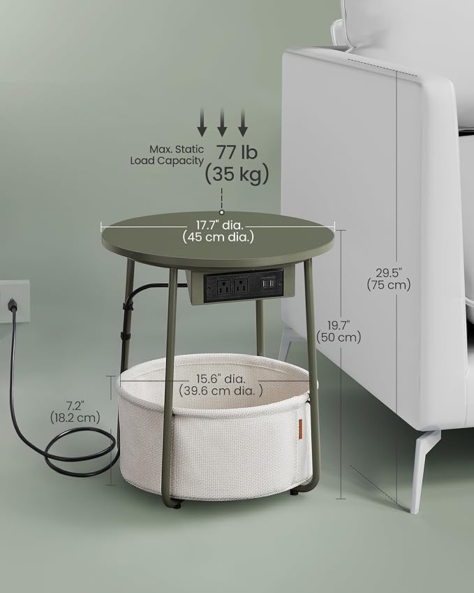 VASAGLE LILEA Collection - Side Table with Charging Station, Round End Table with Fabric Basket, Nightstand with USB Ports, for Living Room, Bedroom, Modern, Forest Green and Cream White ULET228C04