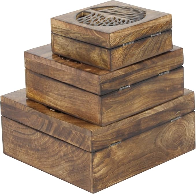 Deco 79 Wood Tree Handmade Decorative Box Decorative Keepsake Boxes with Hinged Lid, Set of 3 Storage Boxes, Brown