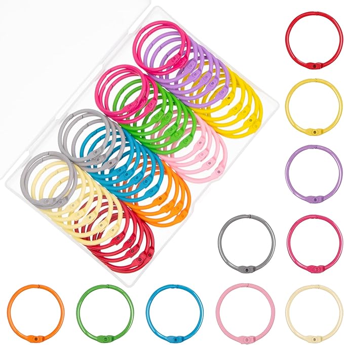AKONEGE 1 1/5 Inch Colorful Loose Leaf Binder Rings (100 Pack) Metal Office Book Rings Paper Rings for Index Cards Flashcards Notebook, Keychain Key Rings Binder Rings for Office School Home, 10Colors