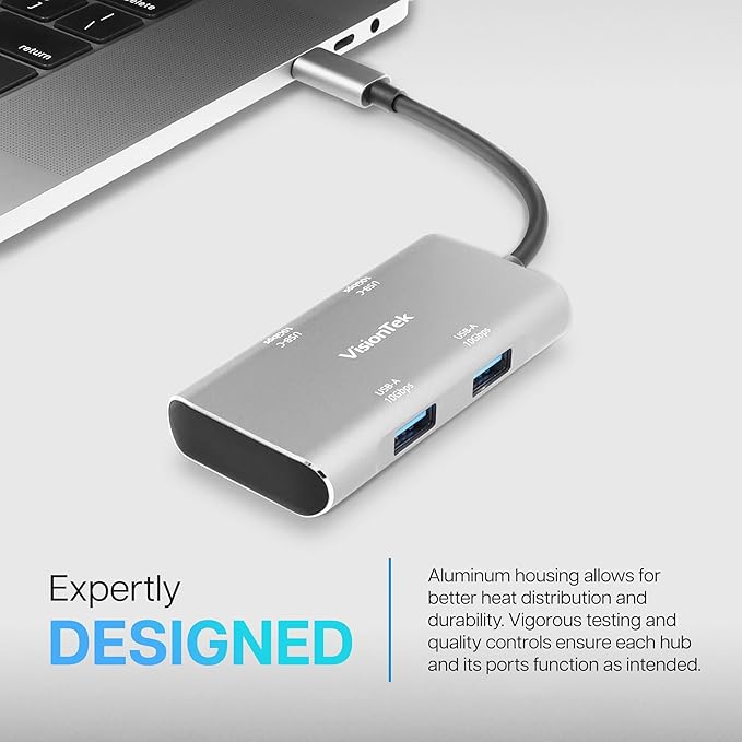 VisionTek USB C Hub 4 Port Adapter - 10Gbps High Speed Data Transfer Dongle, 2 USB C and 2 USB A Ports, Aluminum Multiport Splitter for MacBook Pro Air, iPad Pro, Chromebook, Windows Laptop
