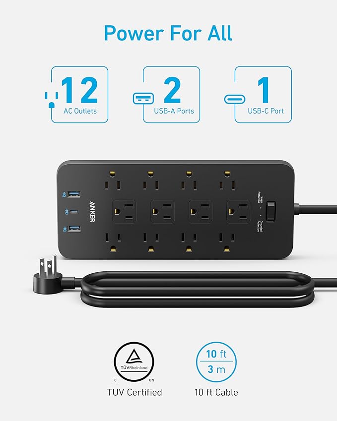 Anker Power Strip with 2100J Surge Protector, Outlet Extender, 10ft Extension Cord with Multiple Outlets, 12 AC, 2 USB A,1 USB C Port for 20W, Home Office, Dorm Room Essentials, TUV Listed