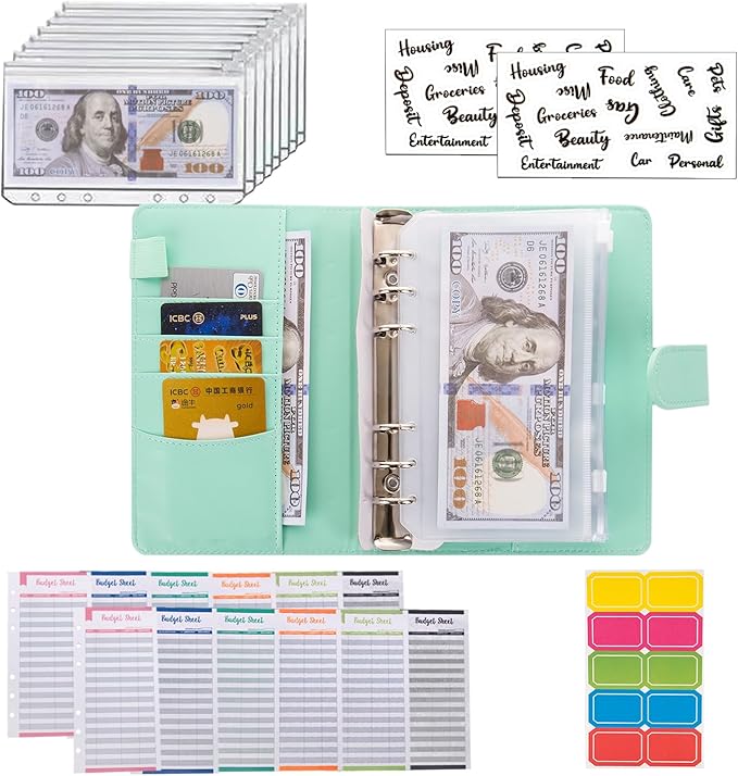 NICOOTHBudget Binder Cash Envelopes A6 Money Saving Binder with Zipper envelopes (Green)