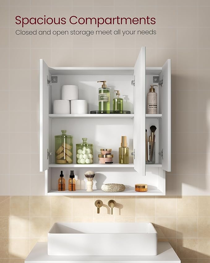 VASAGLE KAILYN Collection - Medicine Cabinet Mirror, Bathroom Wall Mirror Cabinet with Storage, Open Compartment, Adjustable Shelves, 6.5 x 27.6 x 29.5 Inches, Cloud White UBBK129W01